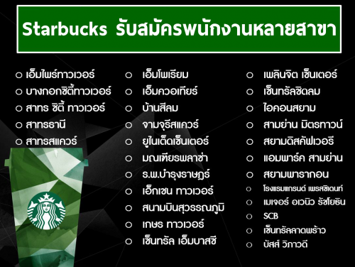Starbucks รับสมัครพนักงานประจำร้าน หลายสาขา Starbucks รับสมัครพนักงานประจำร้าน หลายสาขา