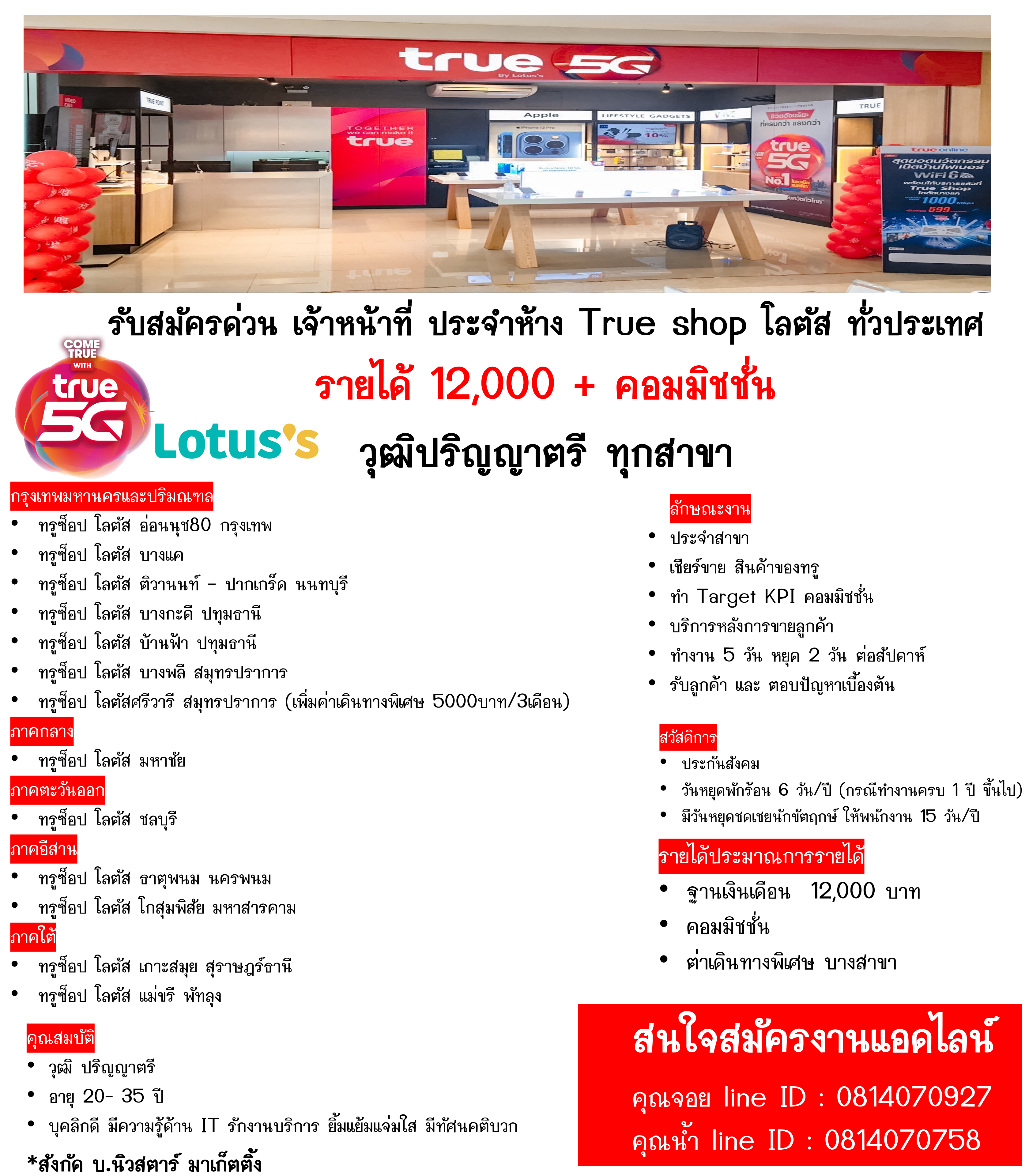 รับสมัครเจ้าหน้าที่บริการลูกค้า TRUE SHOP Lotus’s