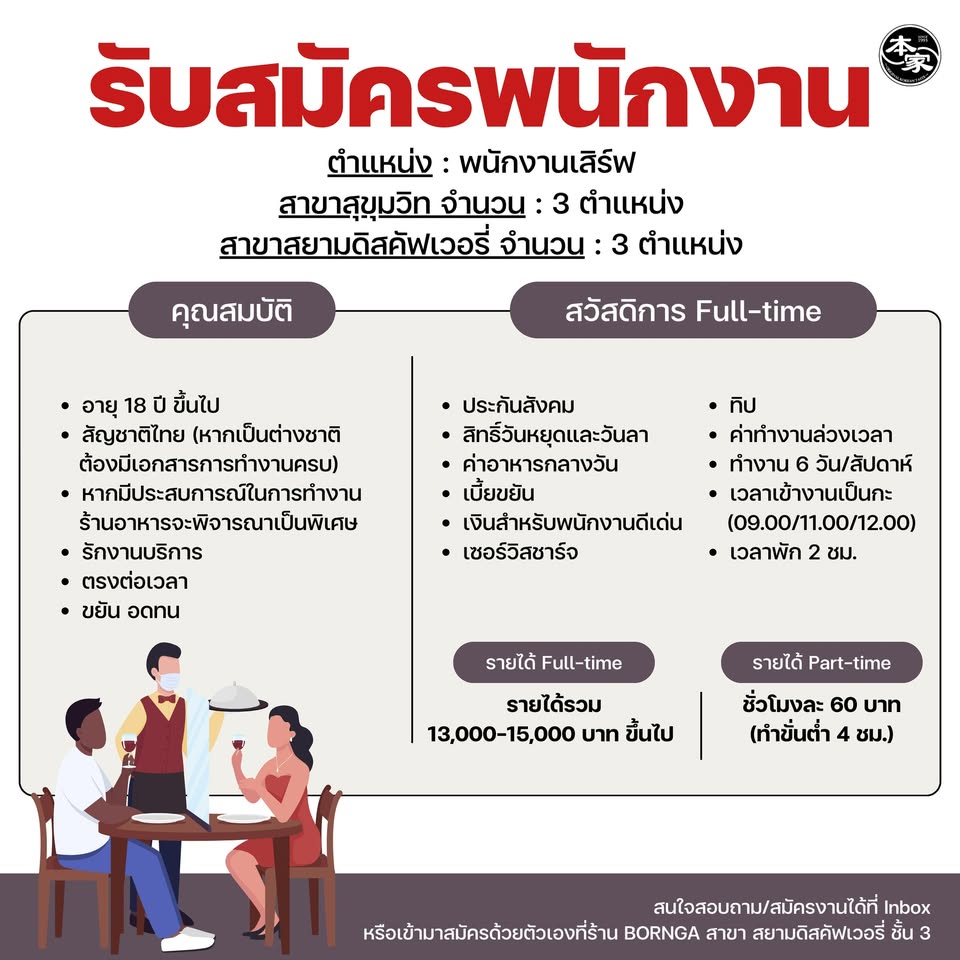 รับสมัครพนักงานเสิร์ฟ ร้านอาหาร BORNGA