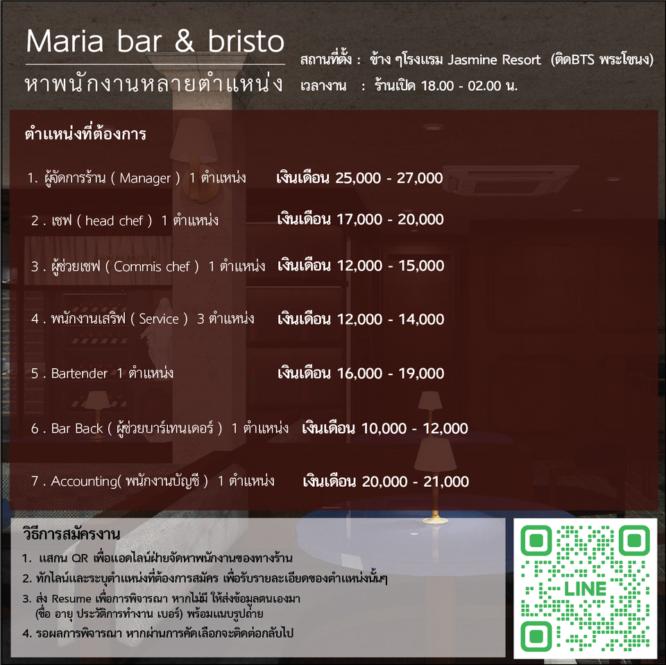 รับสมัครพนักงานร้าน Maria bar & bistro รับสมัครพนักงานร้าน Maria bar & bistro