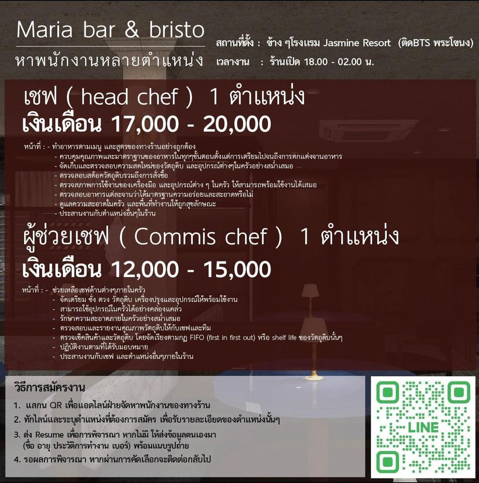 รับสมัครพนักงานร้าน Maria bar & bistro