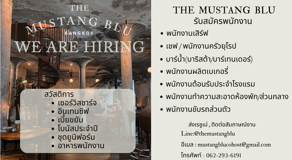 รับสมัครพนักงานประจำโรงแรม The Mustang Blu