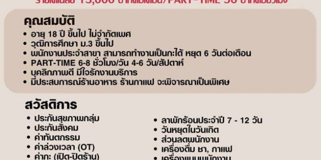 รับสมัครพนักงานประจำร้านกาแฟ Tim Hortons