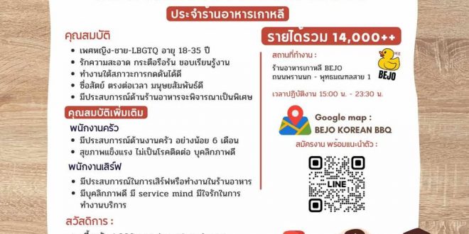 รับสมัครพนักงานร้านอาหารเกาหลี Bejo