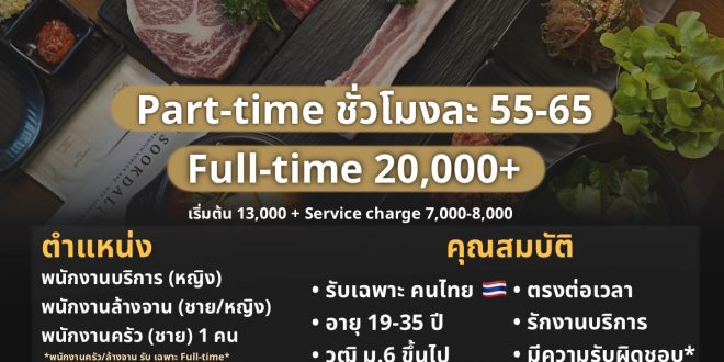 รับสมัครพนักงานร้านบาร์บีคิวเกาหลี Sookdal Korean BBQ