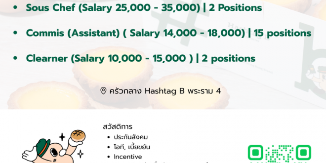 รับสมัครหัวหน้าเบเกอรี่ ครัวกลางร้าน Hashtag B