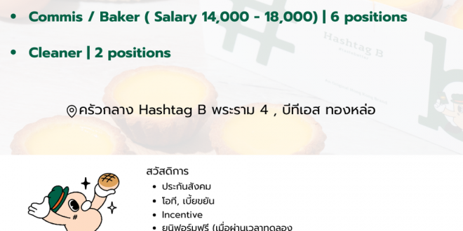 รับสมัครพนักงานร้านเบเกอรี่ Hashtag B