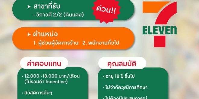 รับสมัครพนักงานประจำร้าน 7-11 สาขา วิภาวดี 2/2 