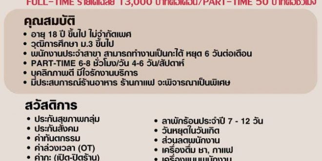 รับสมัครพนักงานประจำร้านกาแฟ Tim Hortons