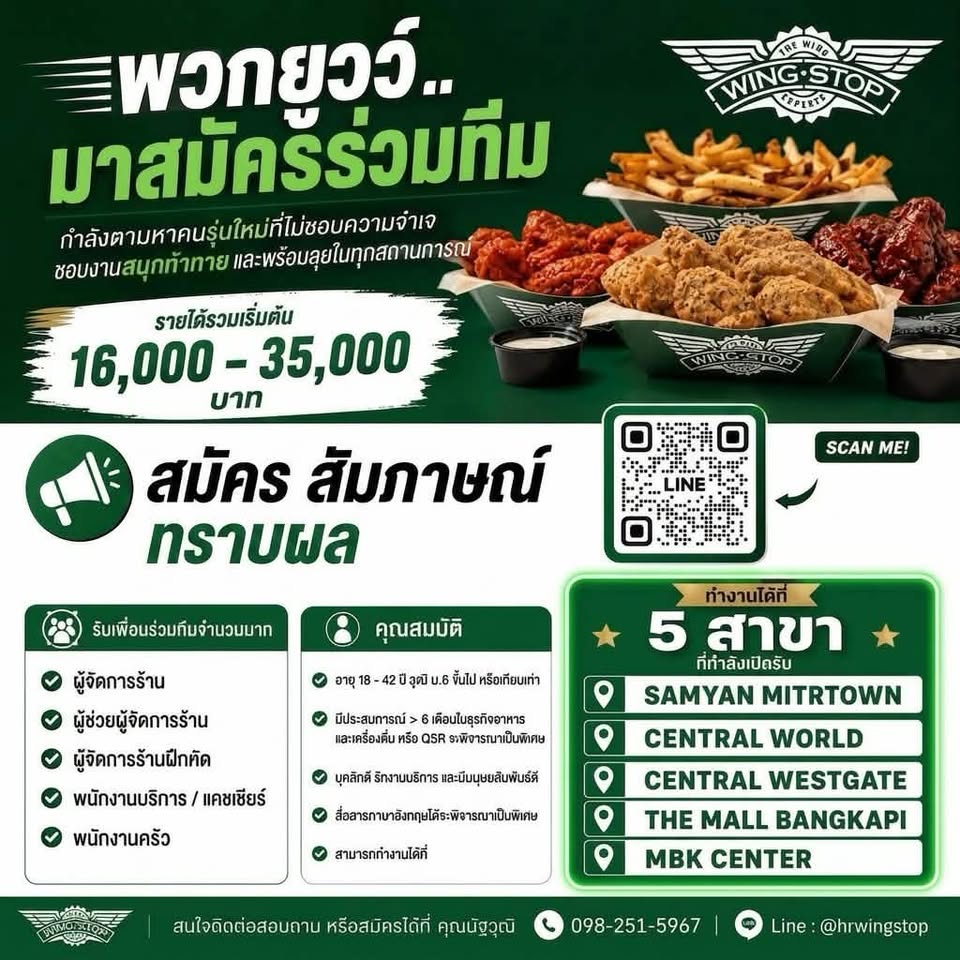 รับสมัครพนักงานร้านอาหาร Wingstop